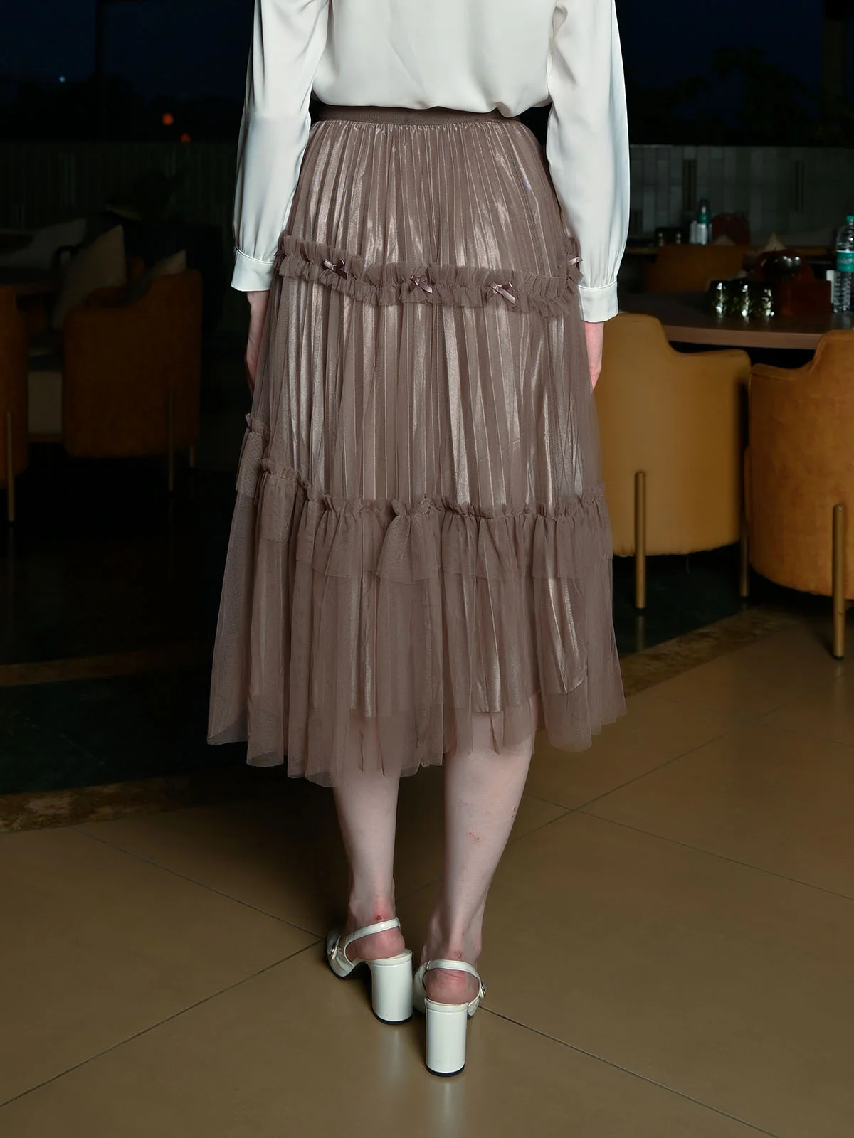 Odette Brown Net Solid Skirt For Women - Image 4