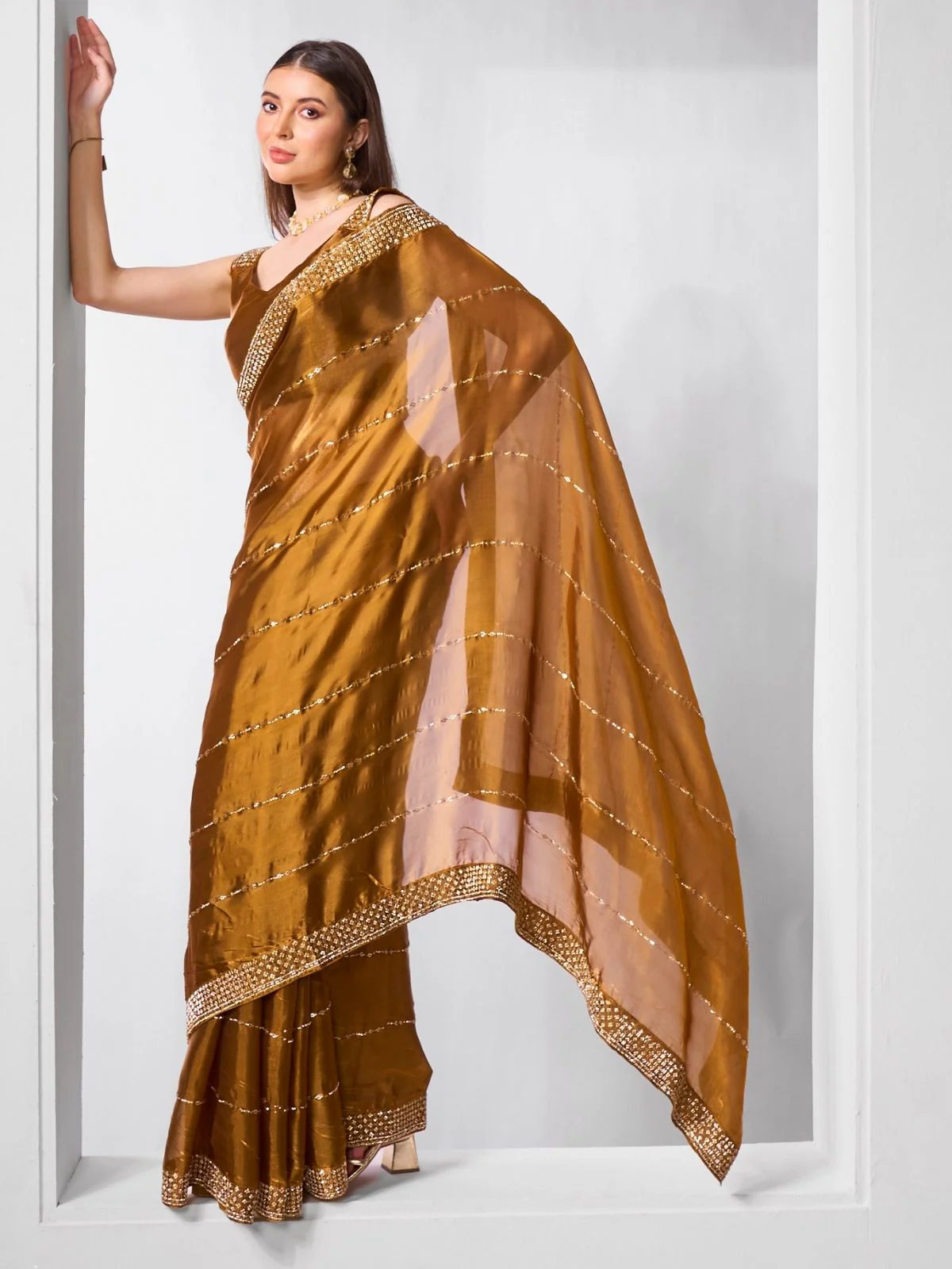 Odette Brown Organza Embroidered Saree With Unstitched Blouse For Women - Image 2