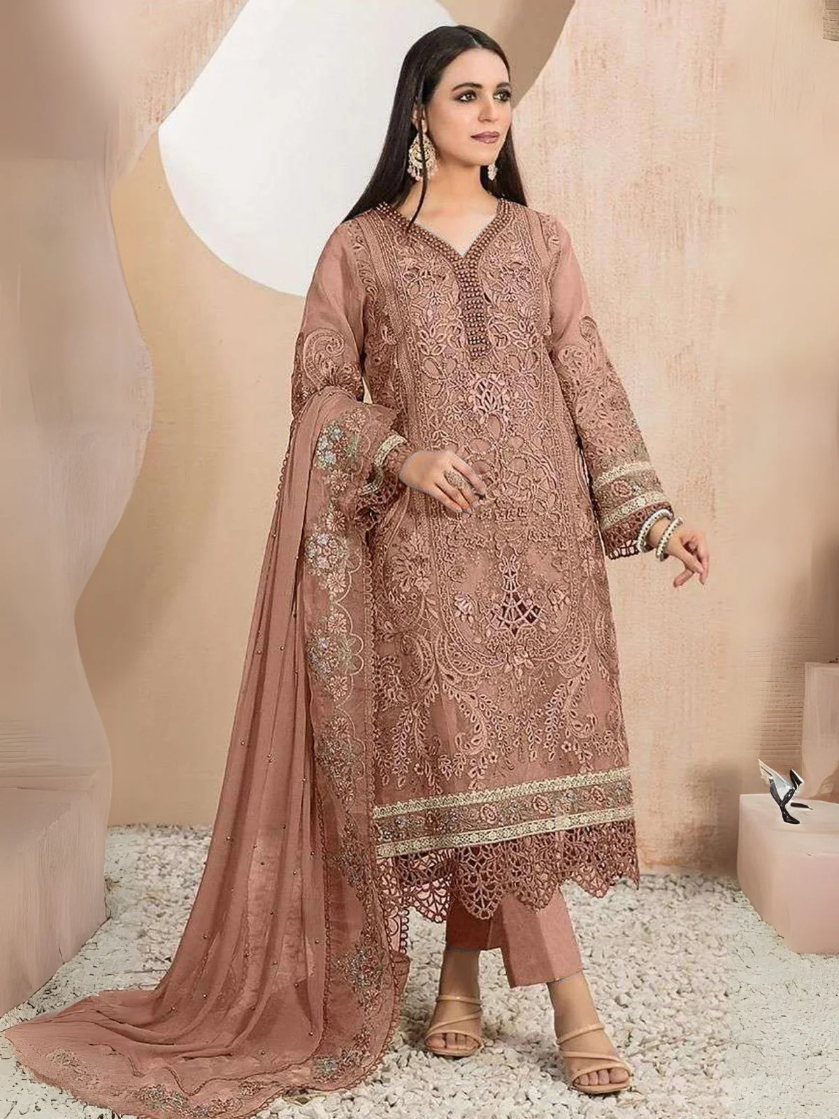 Odette Brown Organza Embroidered Semi-Stitched Kurta Set For Women