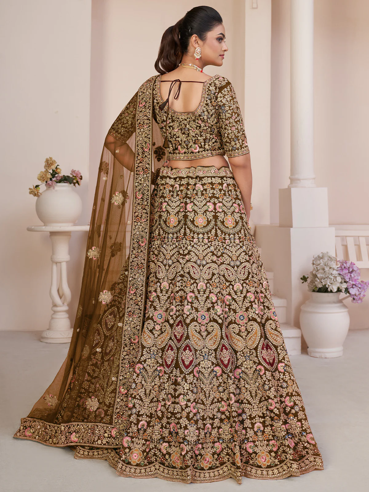 Odette Brown Organza Net Embroidered Semi Stitched Lehenga With Unstitched Blouse for Women - Image 3