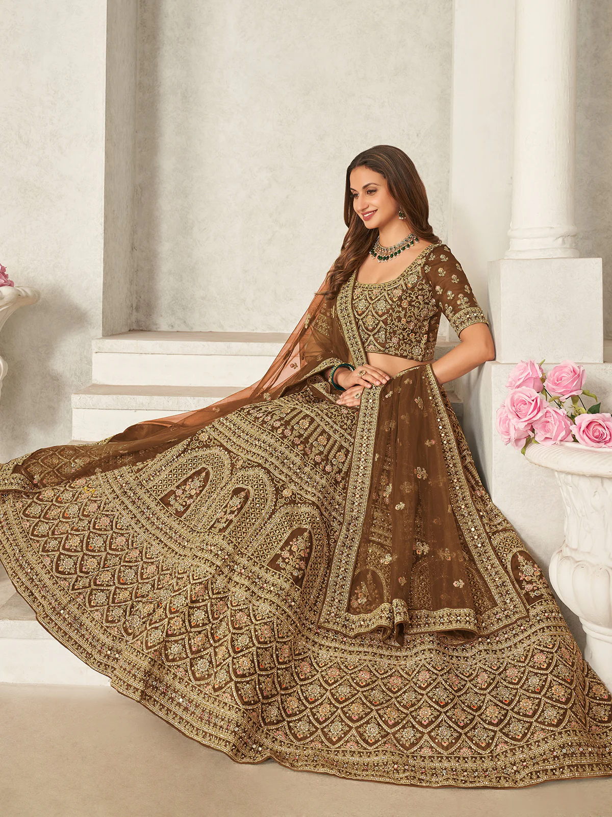 Odette Brown Organza Blend Embroidered Semi Stitched Lehenga With Unstitched Blouse for Women - Image 2