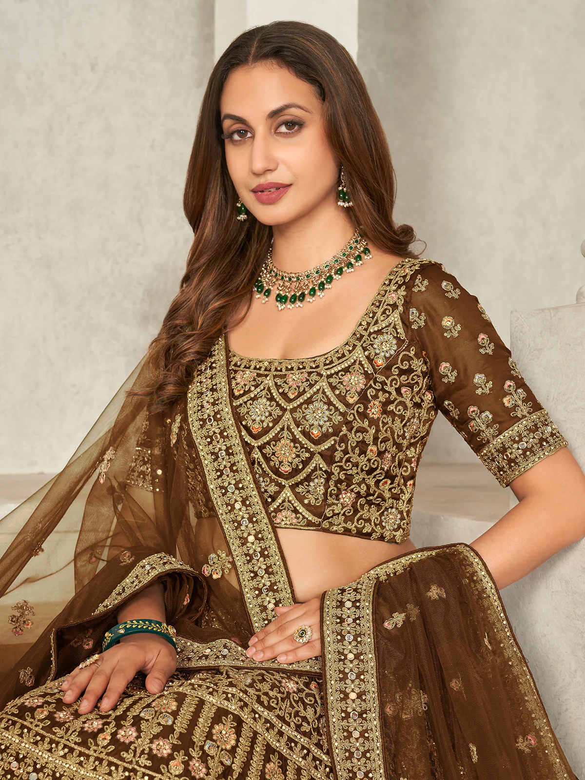 Odette Brown Organza Blend Embroidered Semi Stitched Lehenga With Unstitched Blouse for Women - Image 4