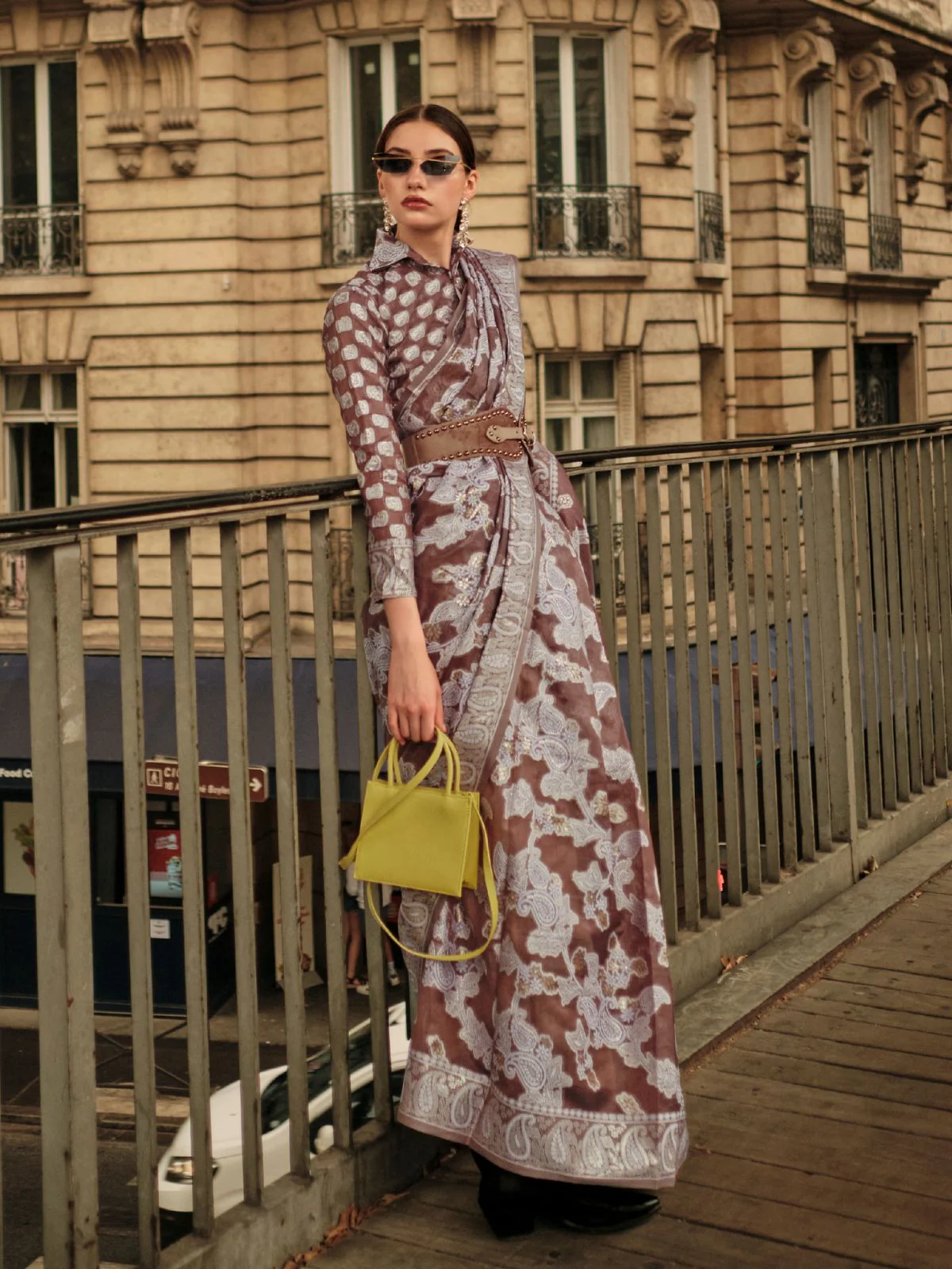 Odette Brown Organza Woven Saree With Unstitched Blouse For Women - Image 2