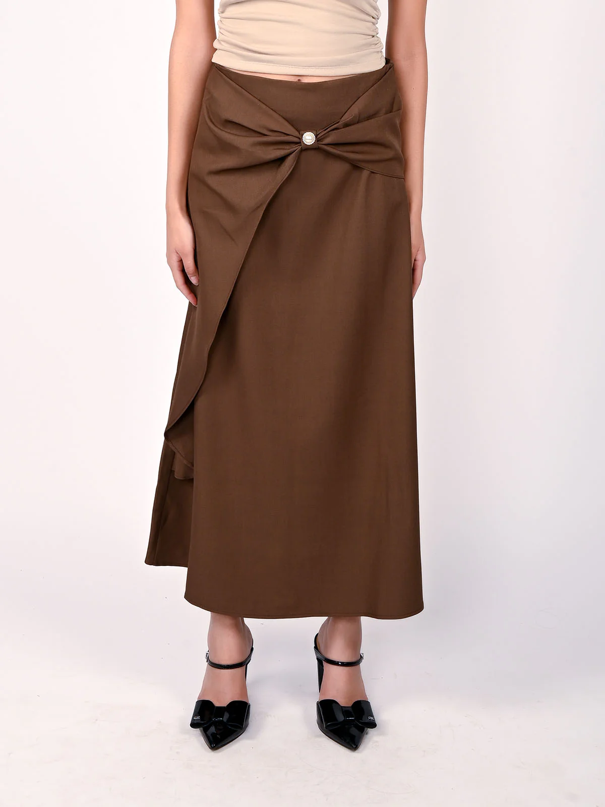 Odette Brown Polyester Bow Design Skirt For Women