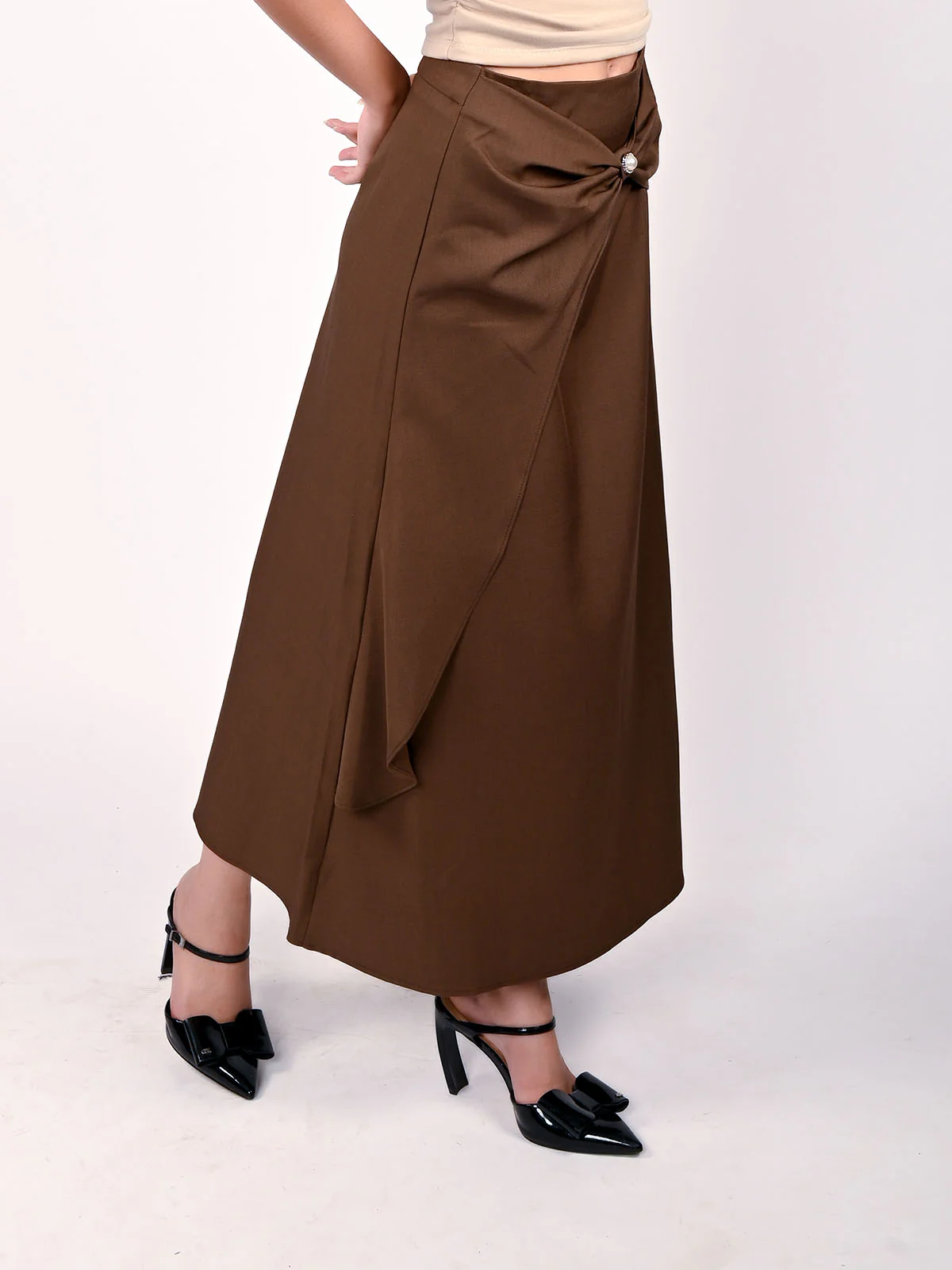 Odette Brown Polyester Bow Design Skirt For Women - Image 2