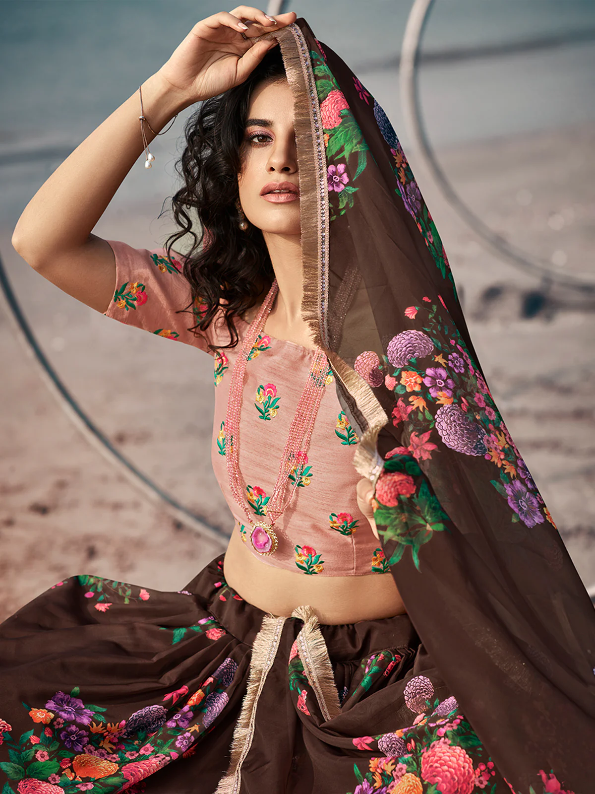 Odette Brown Printed Organza Semi Stitched Lehenga With Blouse For Women - Image 3