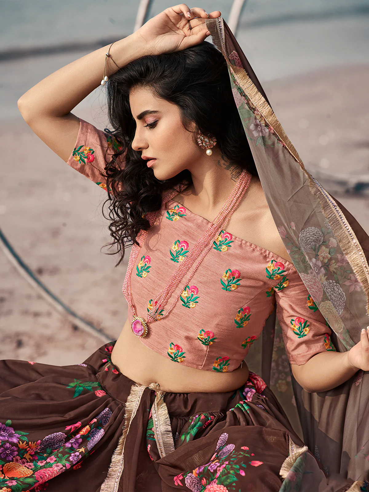 Odette Brown Printed Organza Semi Stitched Lehenga With Blouse For Women - Image 4