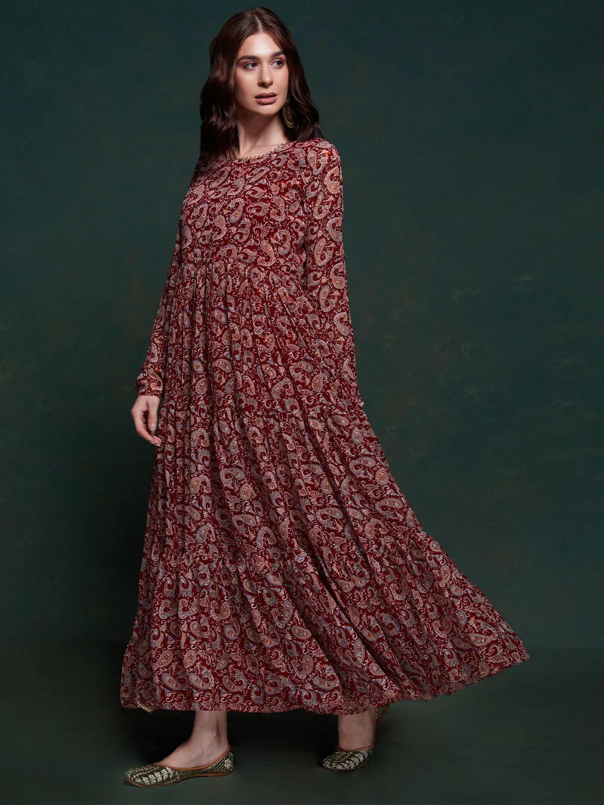 Odette Burgundy Printed Organza Stitched Gown For Women - Image 4