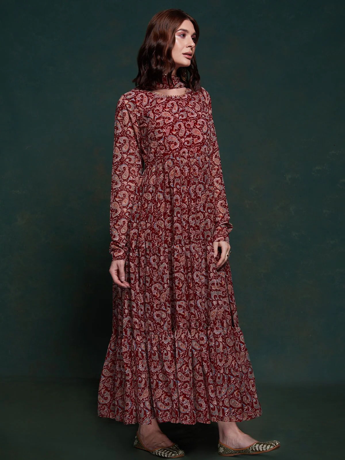 Odette Burgundy Printed Organza Stitched Gown For Women - Image 5