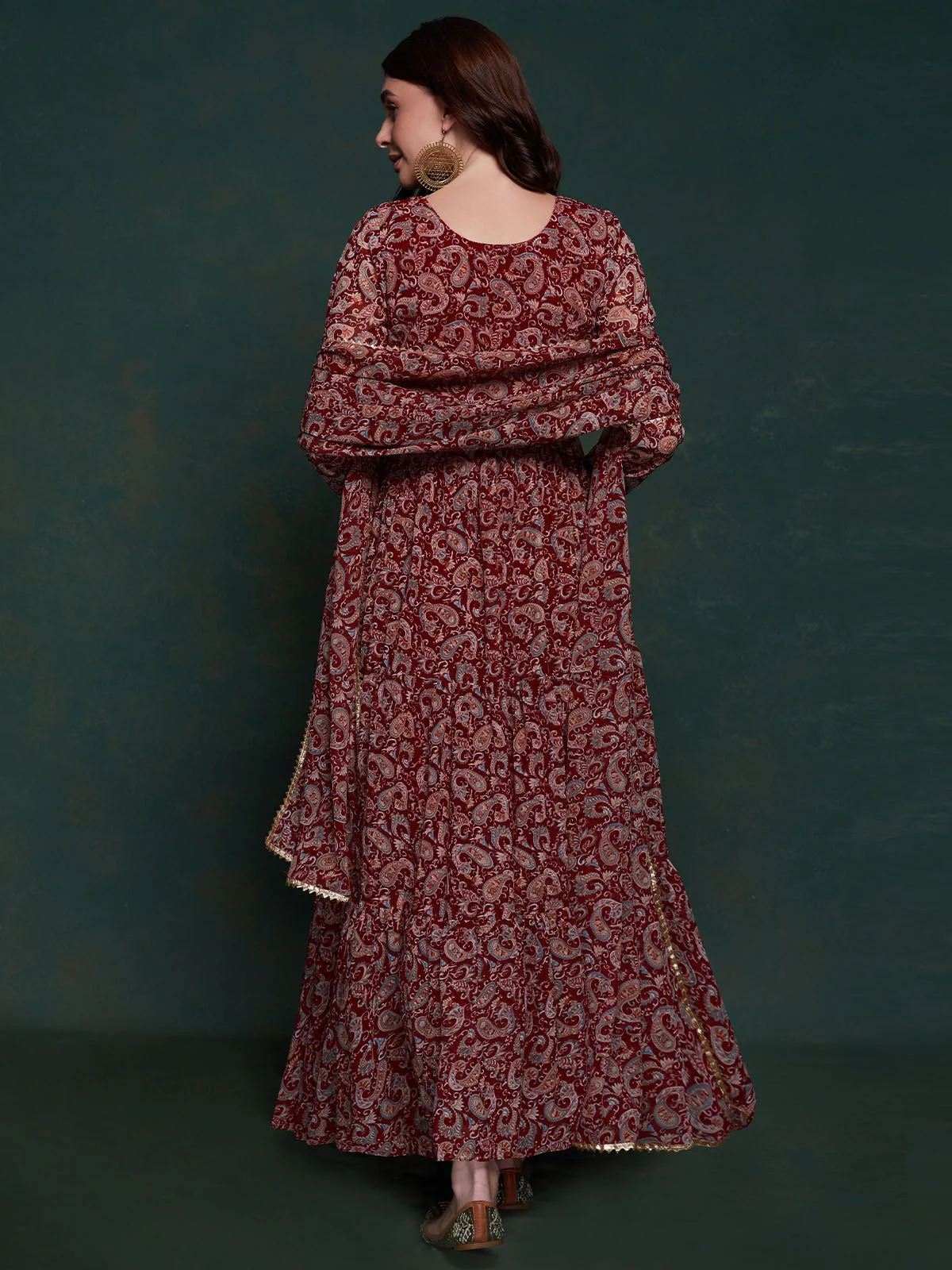 Odette Burgundy Printed Organza Stitched Gown For Women - Image 6