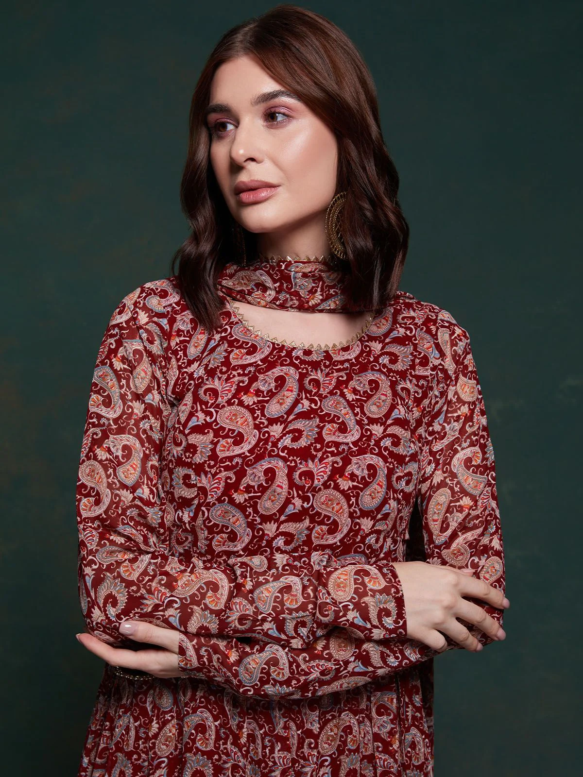 Odette Burgundy Printed Organza Stitched Gown For Women - Image 7