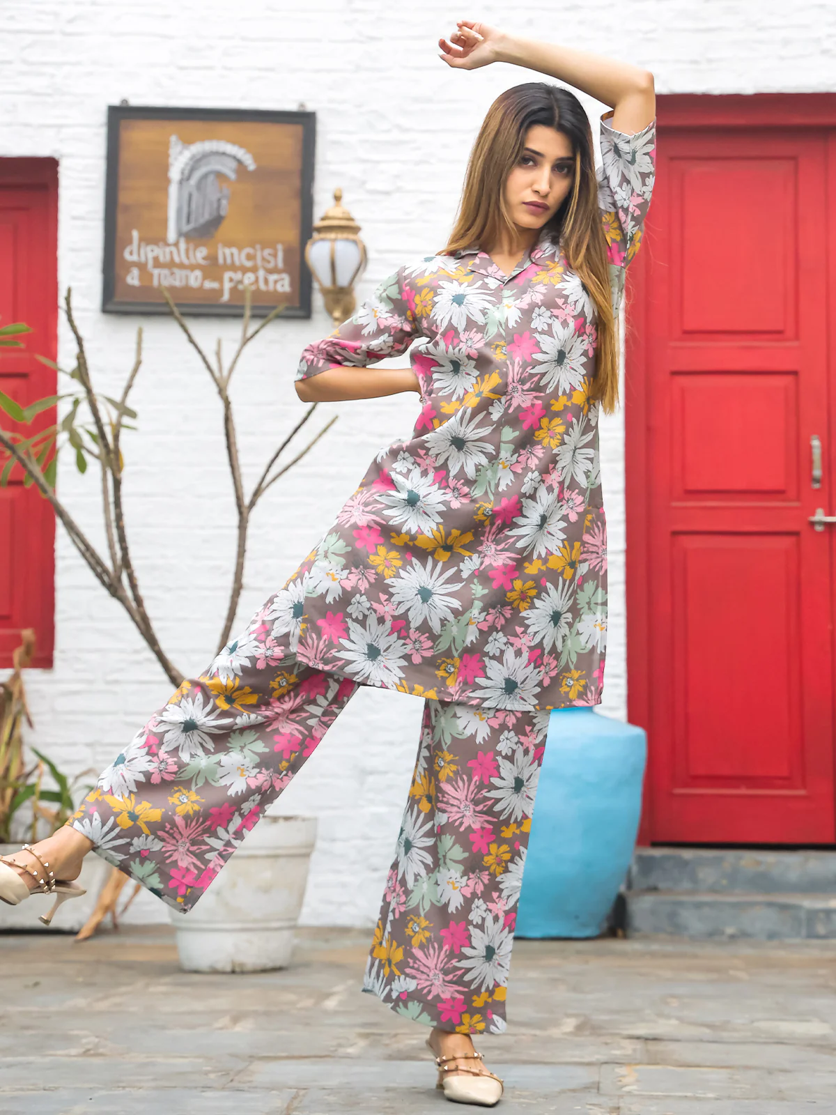 Odette Brown Cotton Printed Stitched Co Ord Set for Women - Image 2