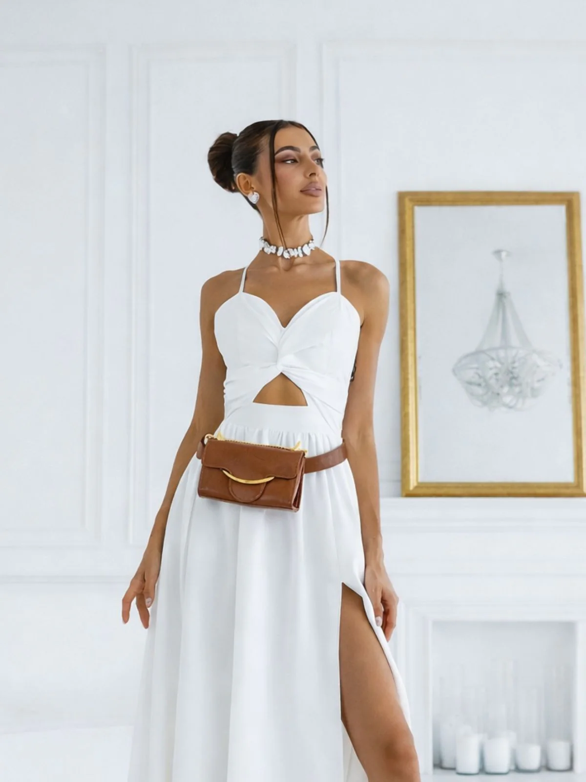 Odette Brown PU Metallic Design Belt Bag For Women