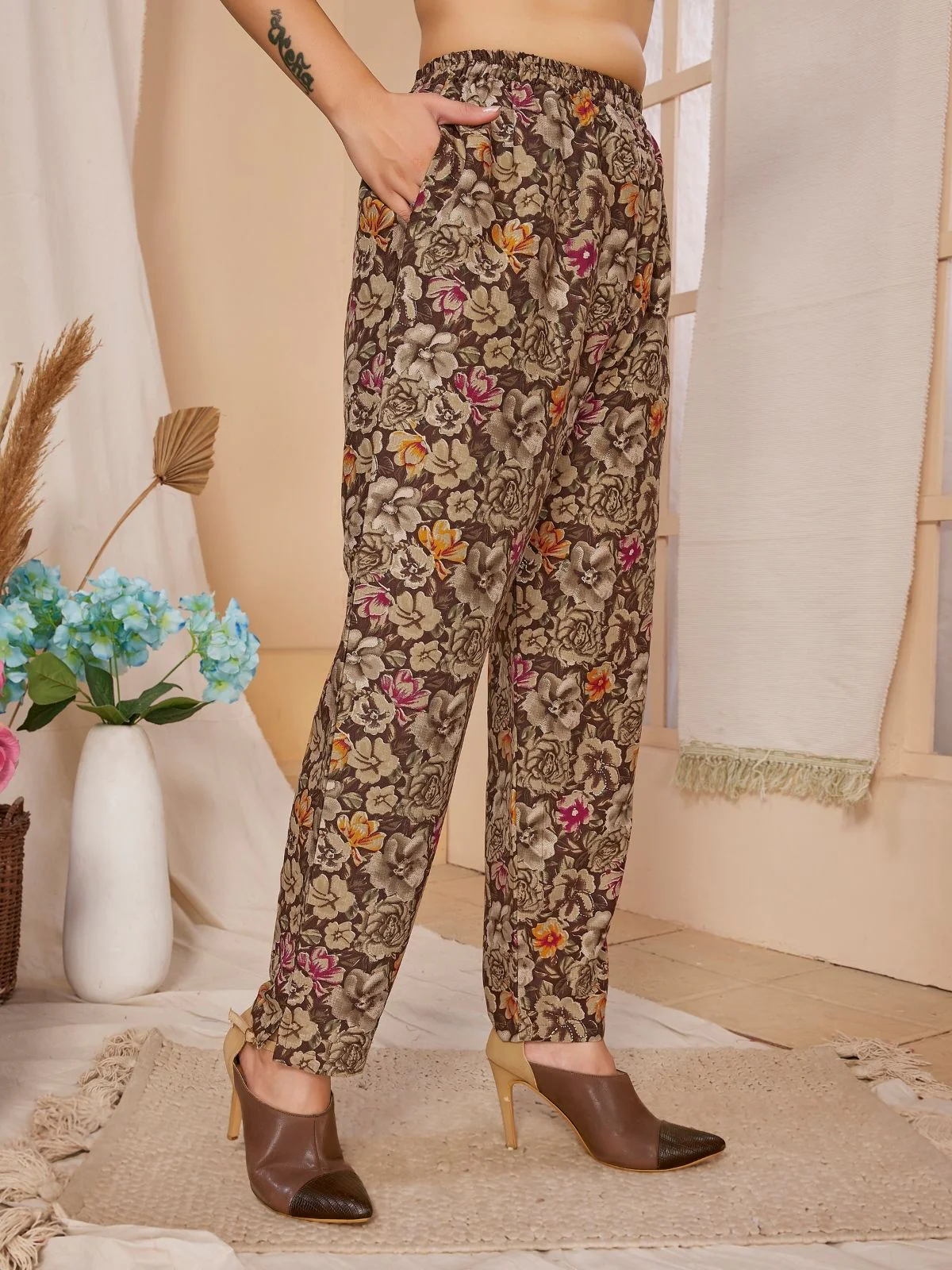 Odette Brown Rayon Floral Printed Semi-Stitched Co-Ord Set For Women - Image 5