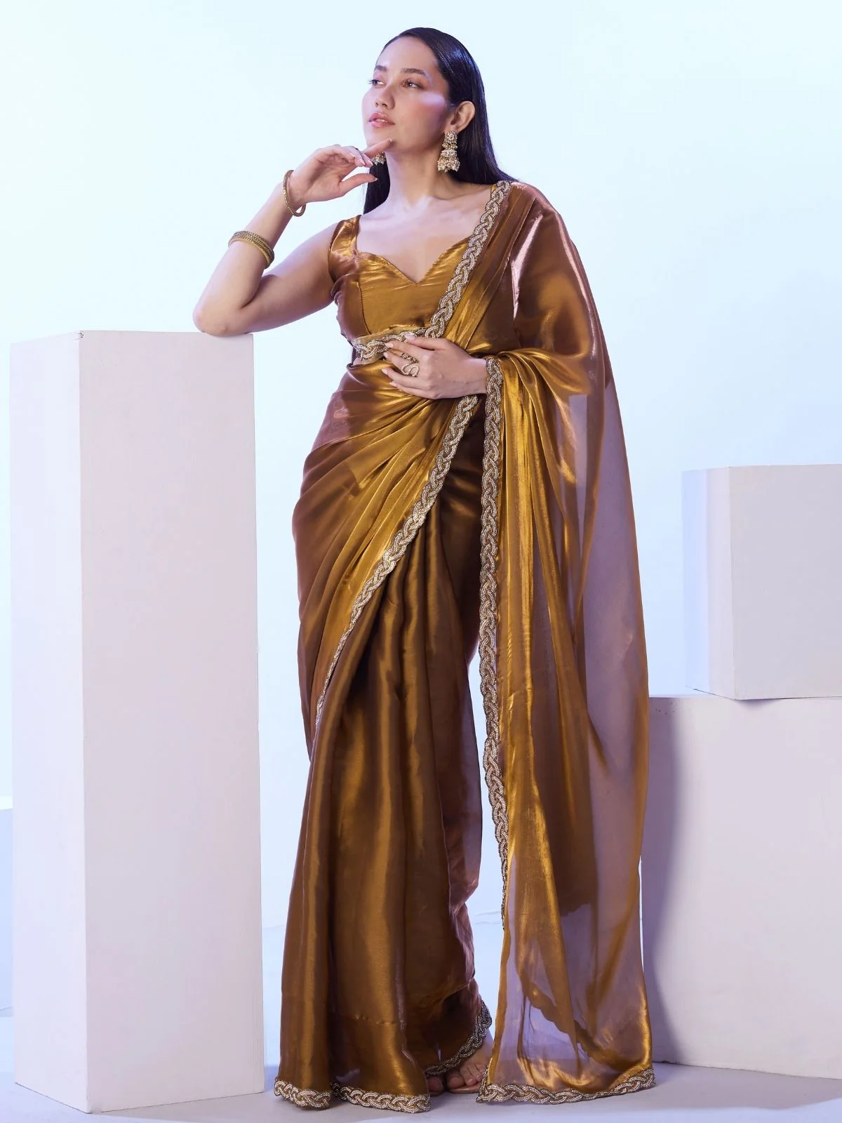 Odette Brown Satin Lace Work Saree With Unstitched Blouse For Women - Image 2