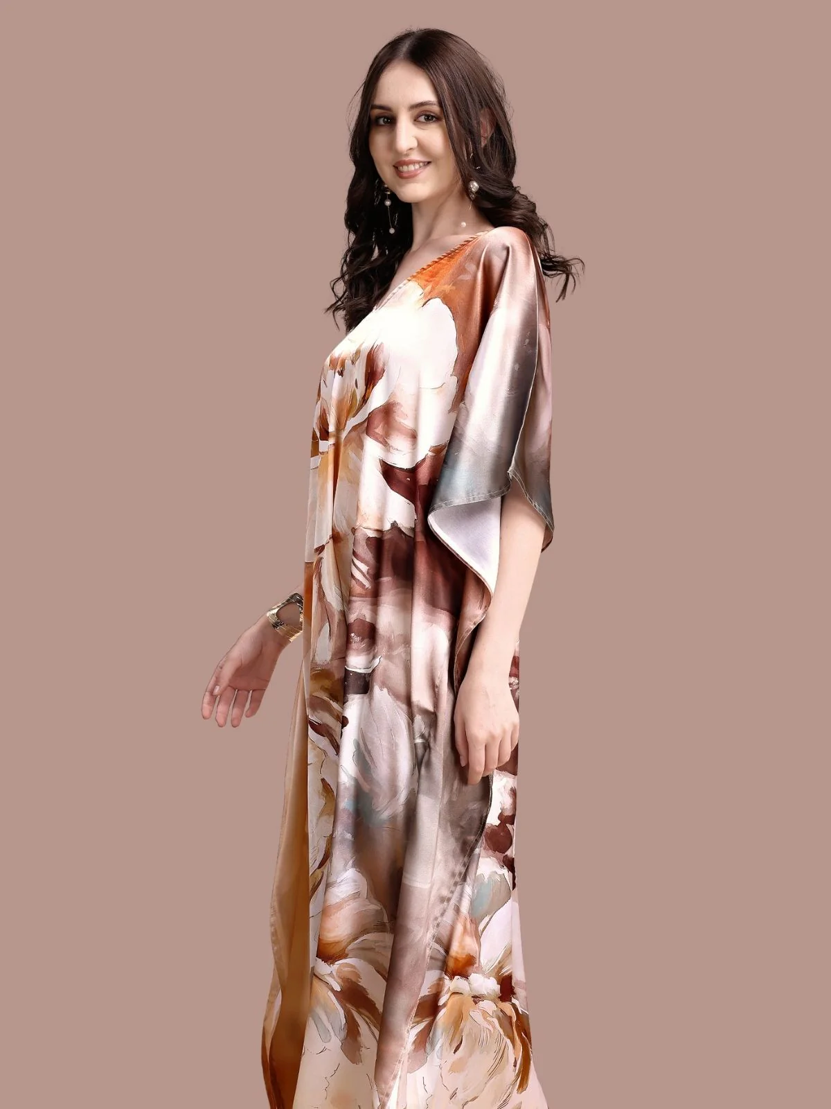 Odette Brown Satin Printed Kaftan For Women - Image 4