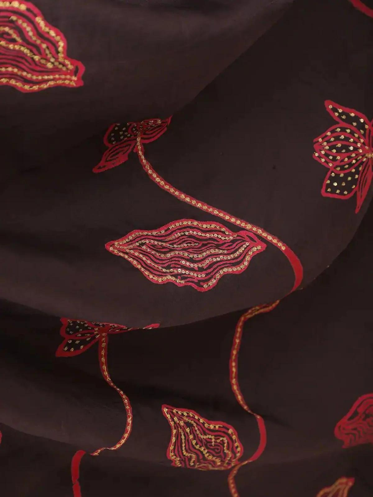 Odette Brown Satin Printed Saree With Unstitched Blouse For Women - Image 4