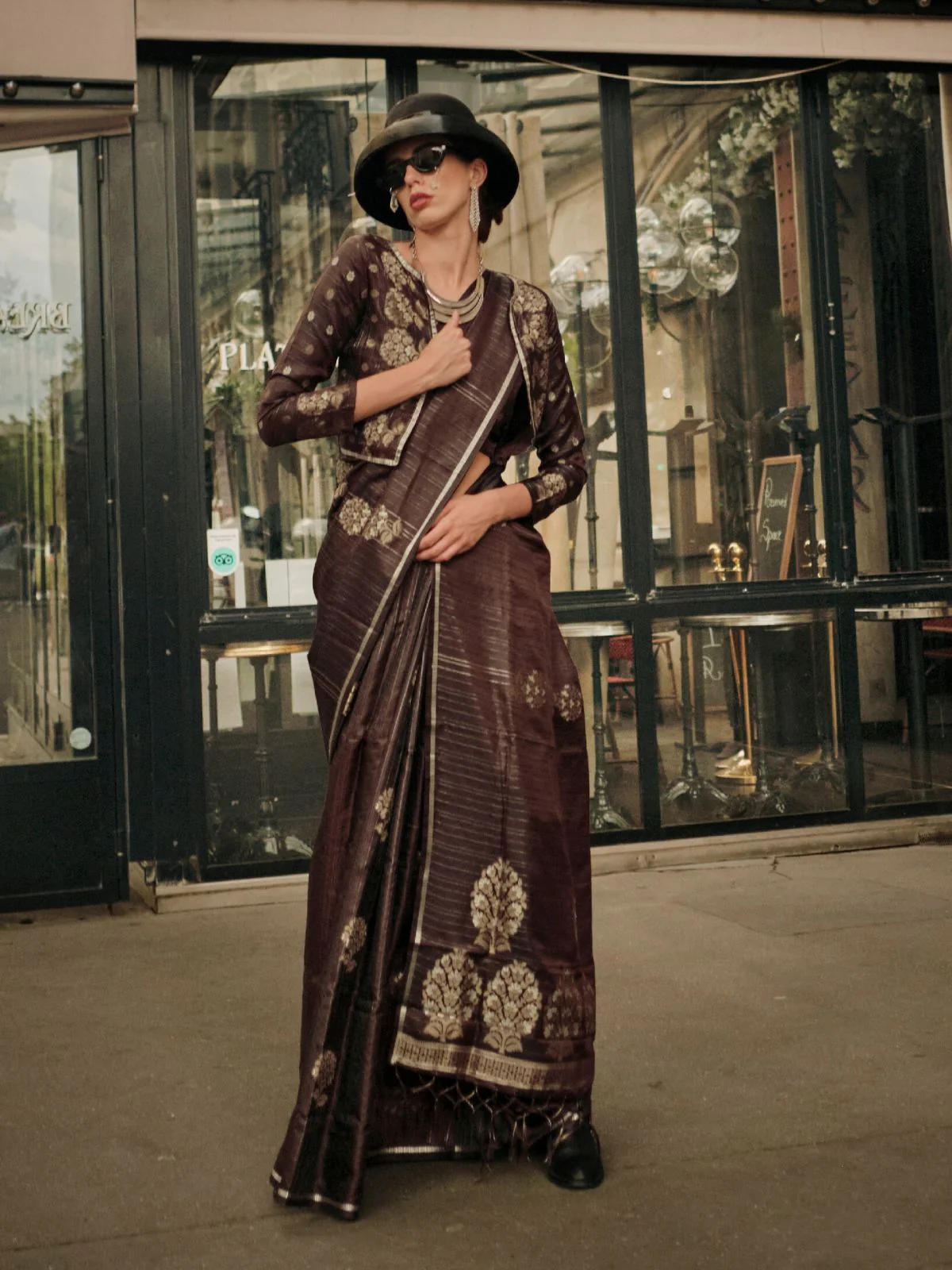 Odette Brown Satin Woven Saree With Unstitched Blouse For Women