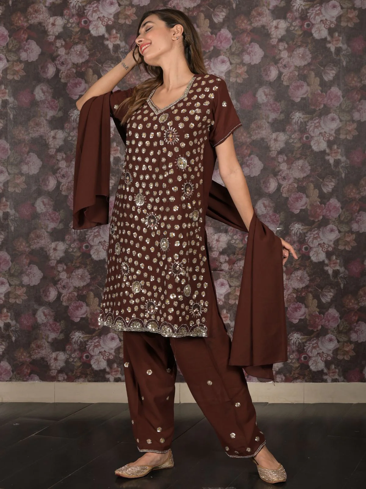 Odette Brown Sequins Embroidered Semi Stitched Kurta Set With Dupatta For Women - Image 3