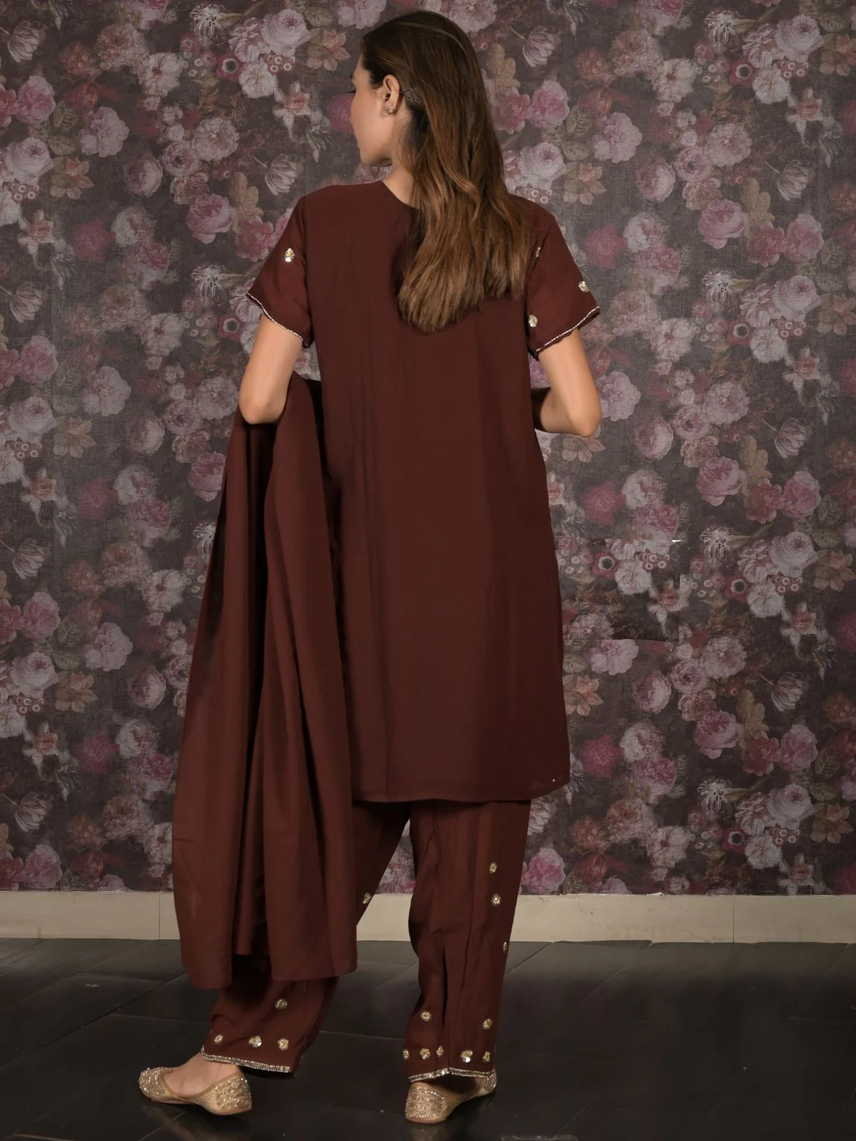 Odette Brown Sequins Embroidered Semi Stitched Kurta Set With Dupatta For Women - Image 4