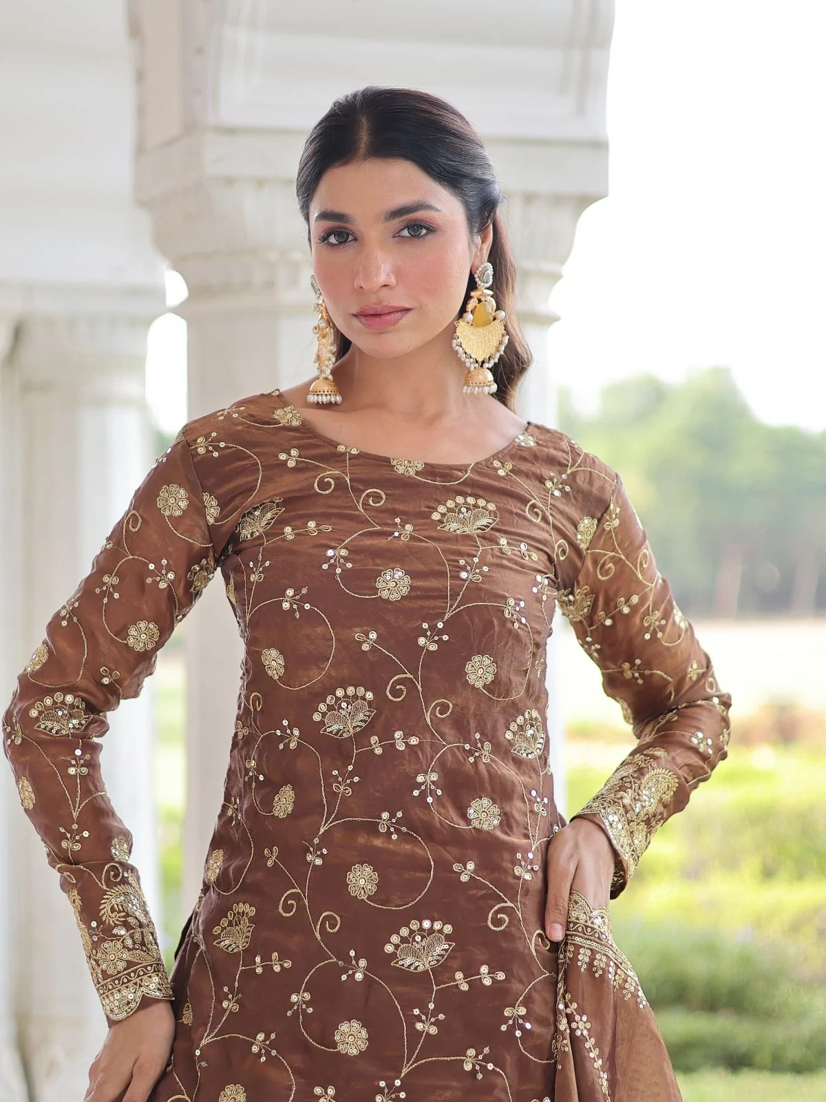 Odette Brown Silk Blend Embellished Kurta Set For Women - Image 4