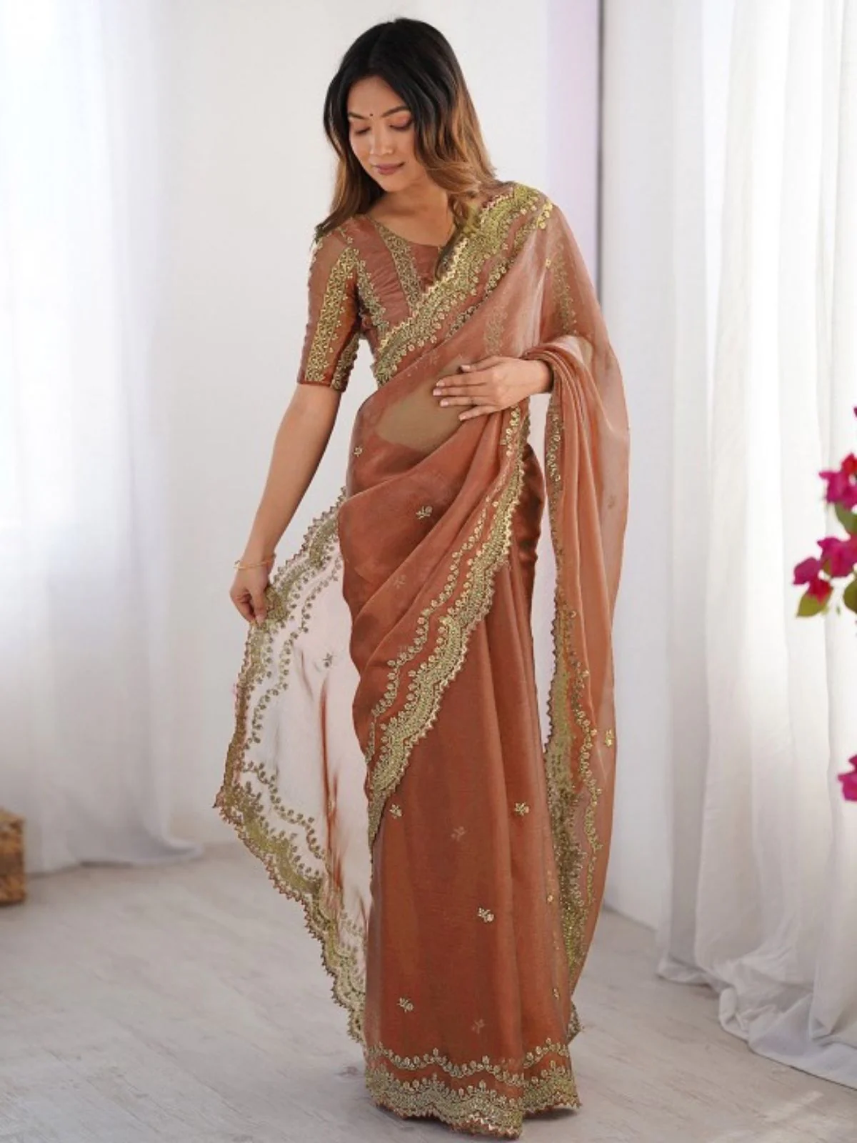 Odette Brown Silk Blend Embellished Solid Saree For Women