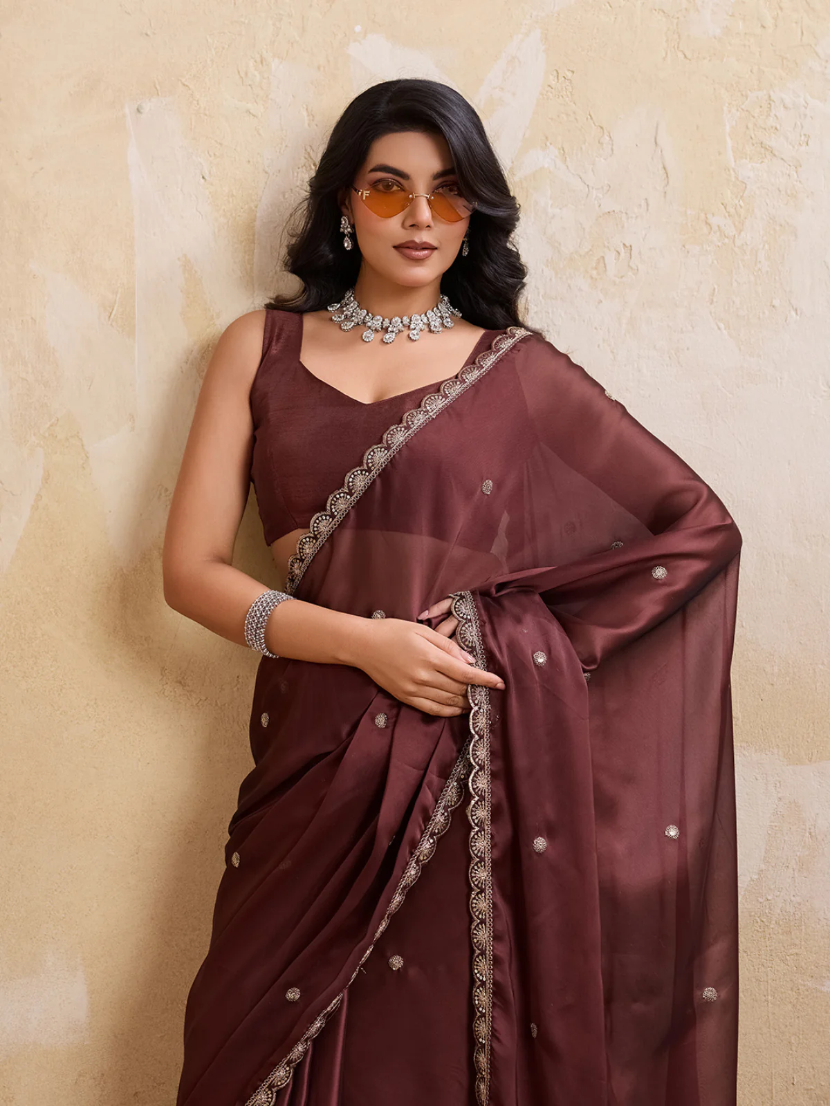 Odette Brown Silk Blend Embroidered Saree For Women - Image 4
