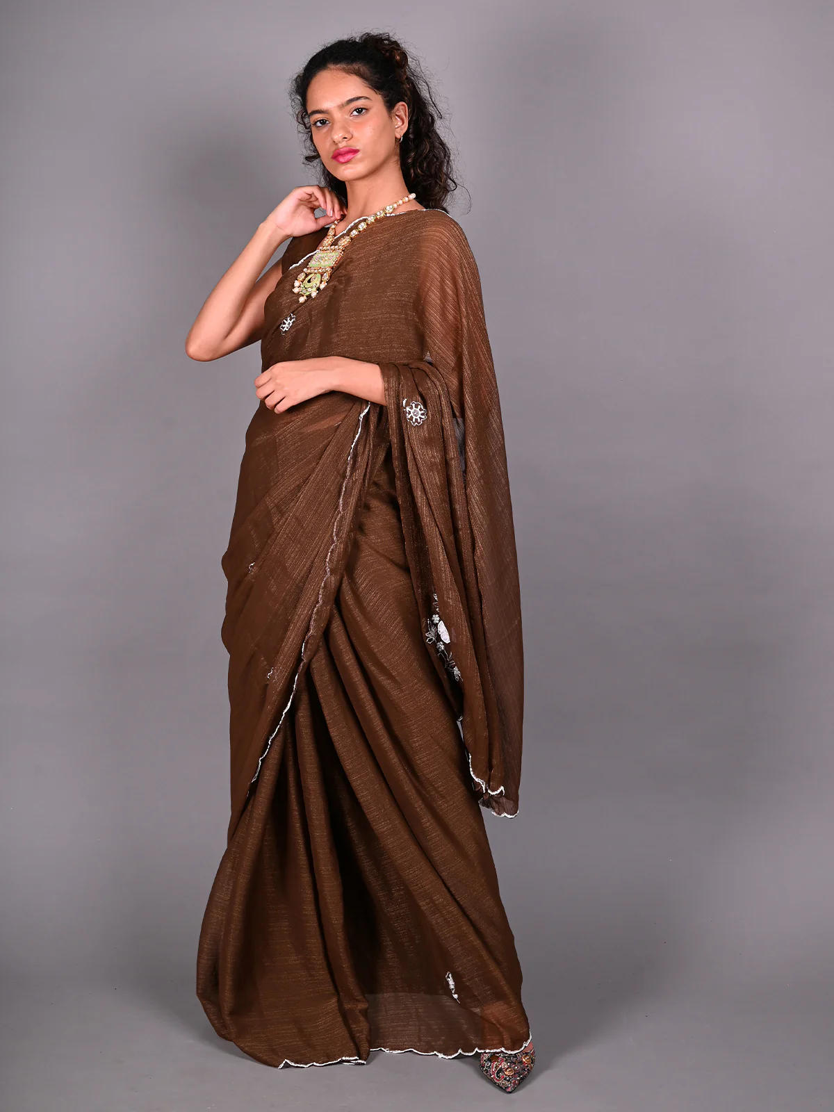 Odette Brown Silk Blend Embroidered Saree For Women - Image 3