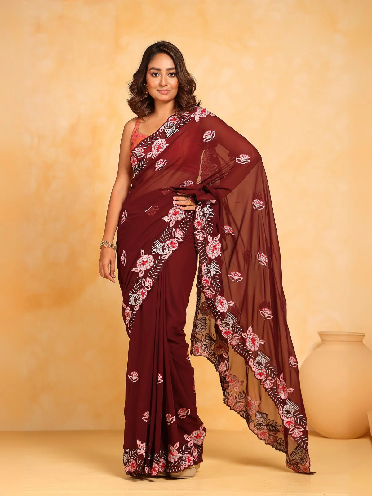Odette Brown Silk Blend Embroidered Saree With Unstitched Blouse For Women