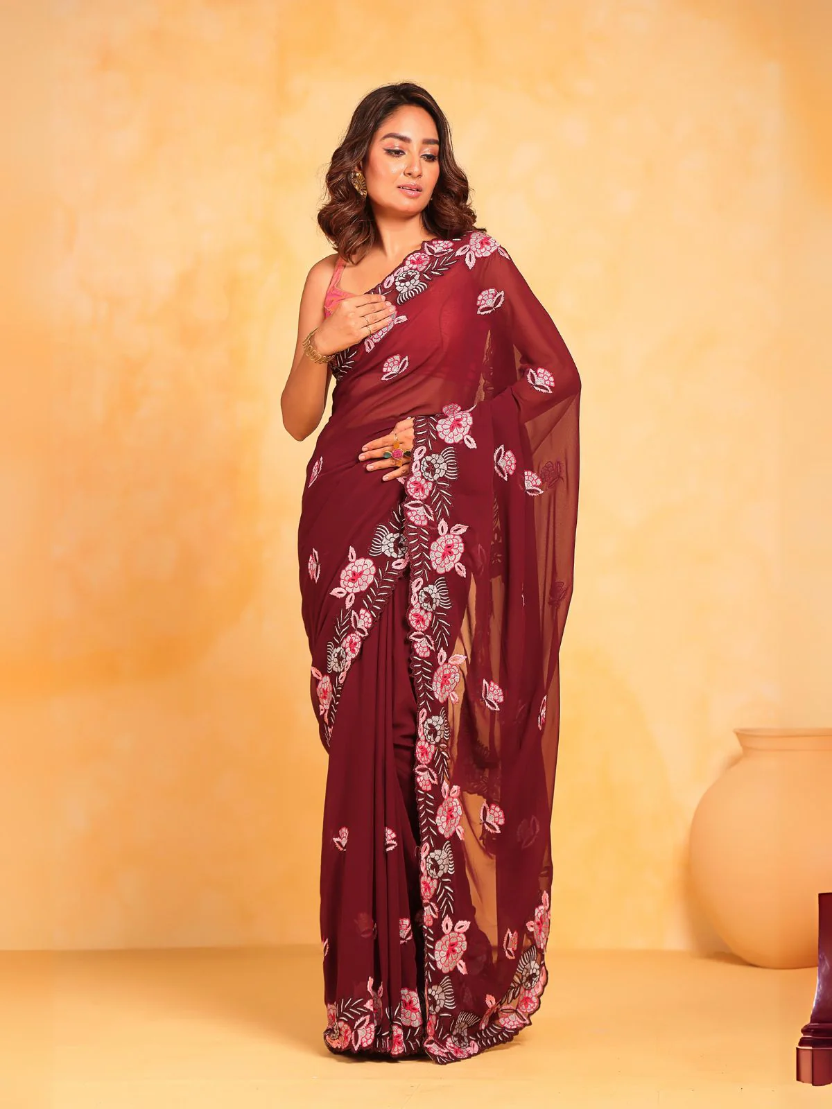 Odette Brown Silk Blend Embroidered Saree With Unstitched Blouse For Women - Image 2