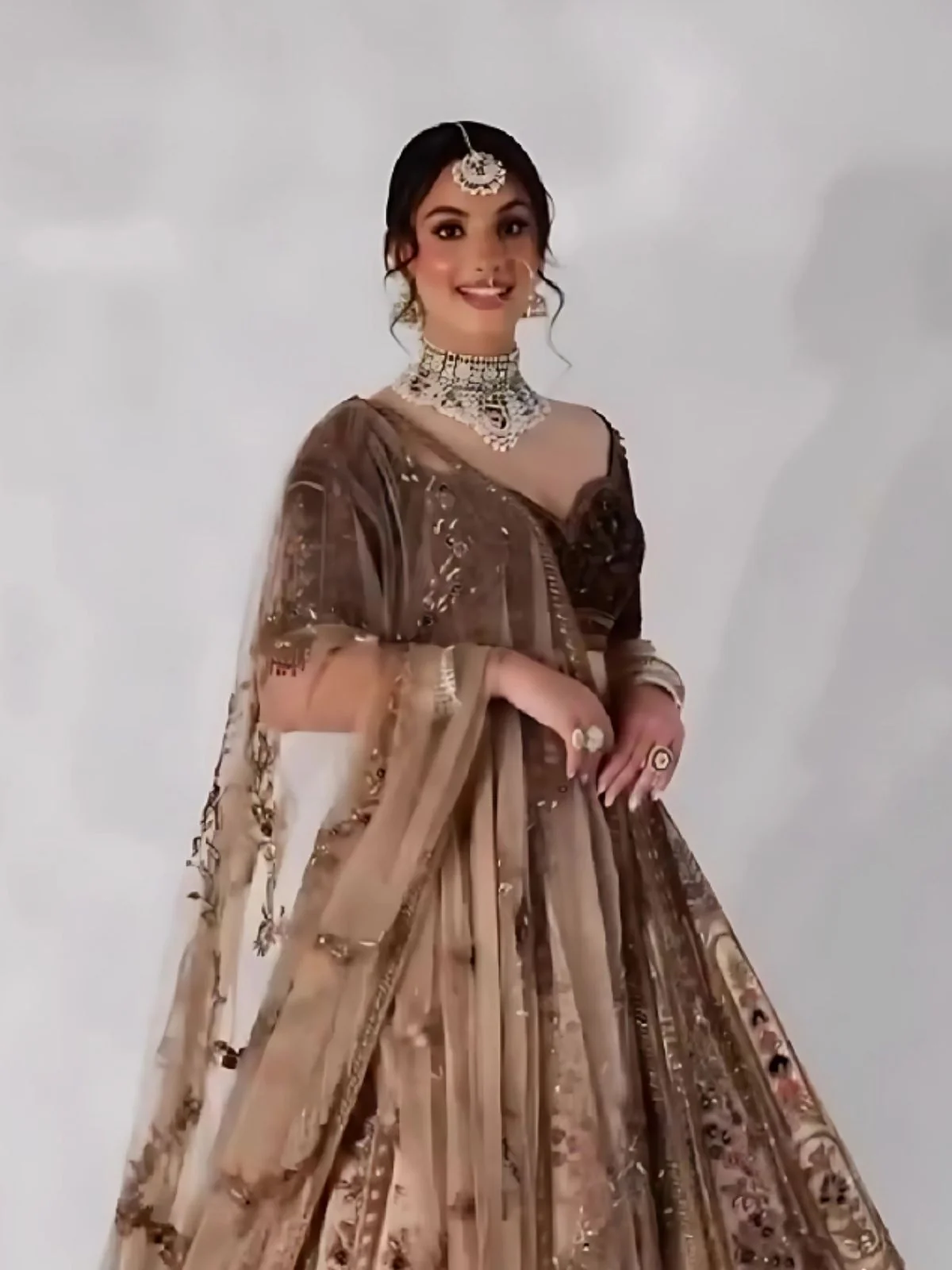 Odette Brown Silk Blend Embroidered Semi-Stitched Lehenga For Women - Image 4