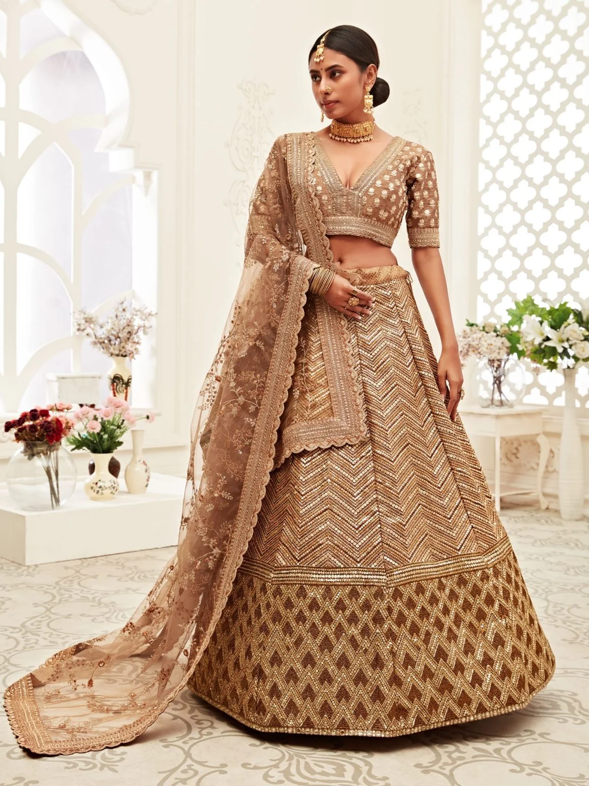 Odette Brown Silk Blend Embroidered Semi Stitched Lehenga With Unstitched Blouse For Women - Image 2