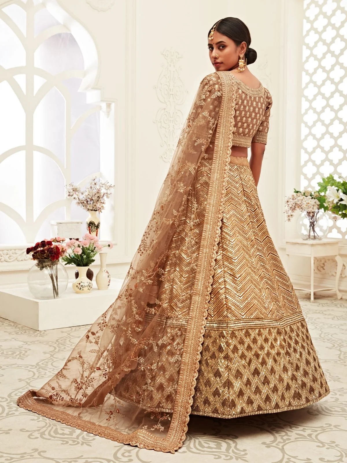 Odette Brown Silk Blend Embroidered Semi Stitched Lehenga With Unstitched Blouse For Women - Image 3