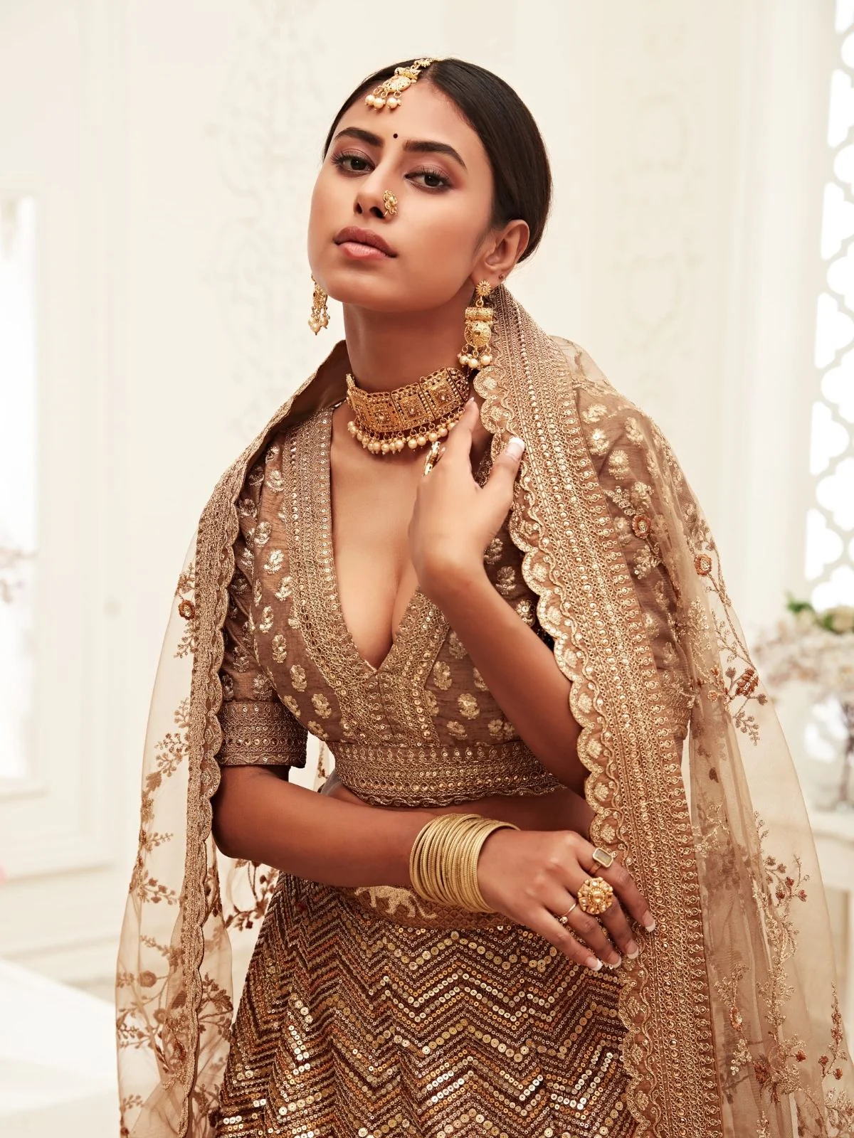 Odette Brown Silk Blend Embroidered Semi Stitched Lehenga With Unstitched Blouse For Women - Image 4