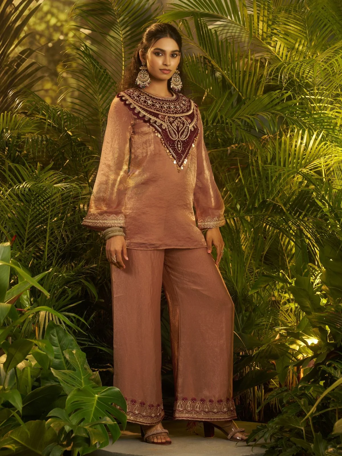 Odette Brown Silk Blend Embroidered Stitched Co-Ord Set For Women - Image 2