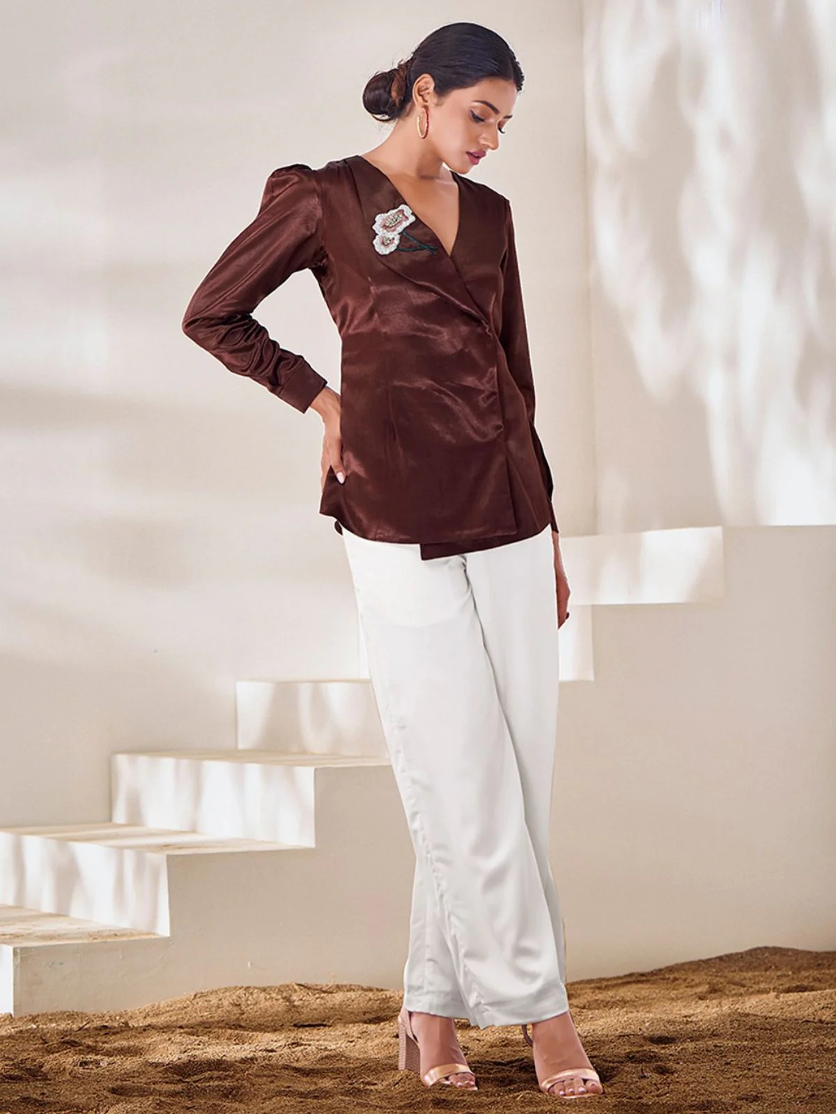 Odette Brown Silk Blend Embroidered Top For Women - Image 2