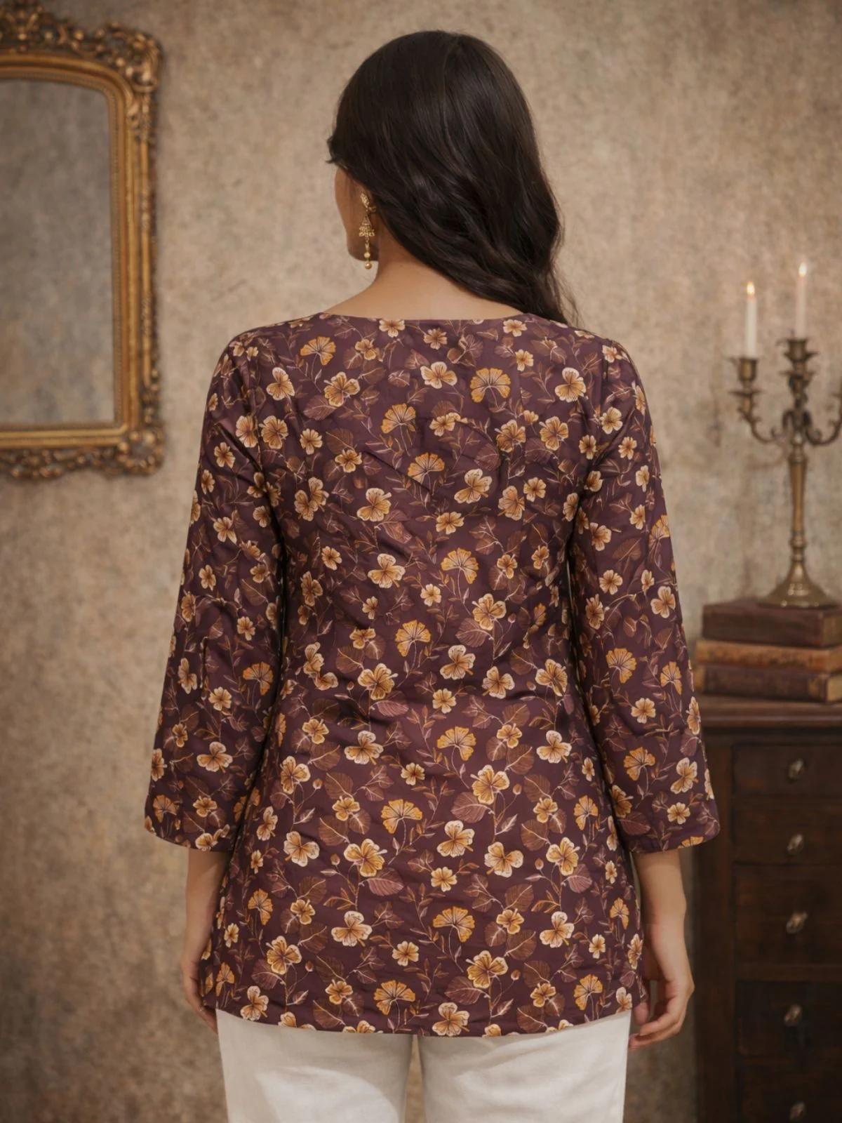 Odette Brown Silk Blend Floral Print Solid Kurti For Women - Image 3