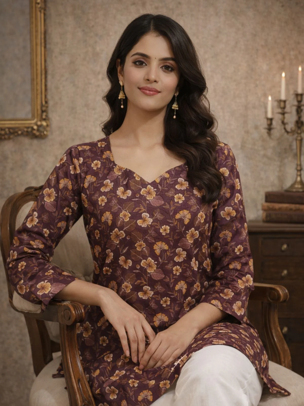Odette Brown Silk Blend Floral Print Solid Kurti For Women - Image 4
