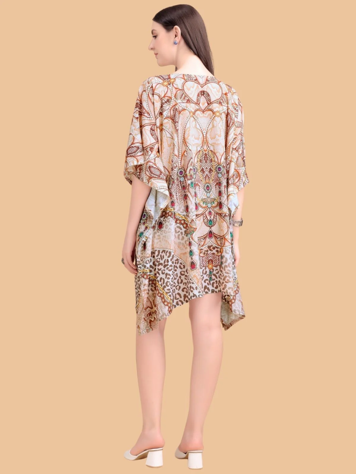 Odette Brown Silk Blend Printed Kaftan For Women - Image 3