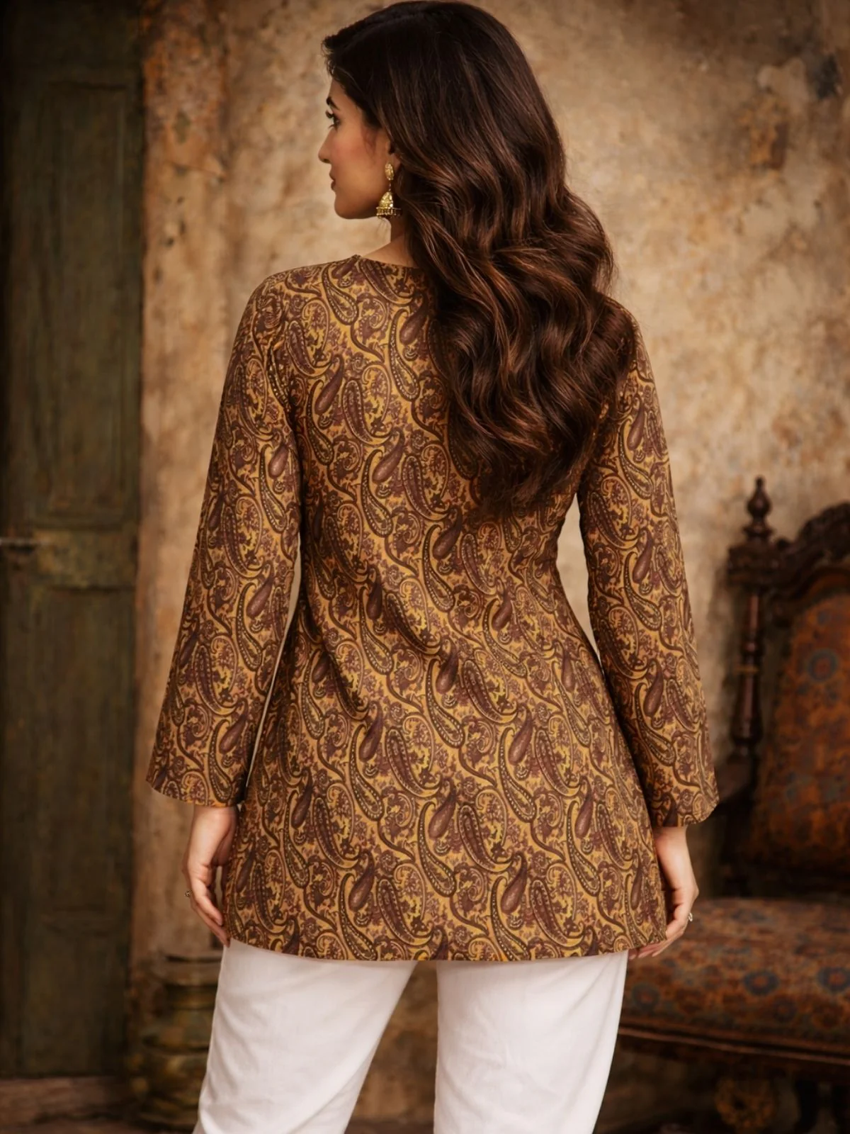 Odette Brown Silk Blend Printed Solid Kurti For Women - Image 3