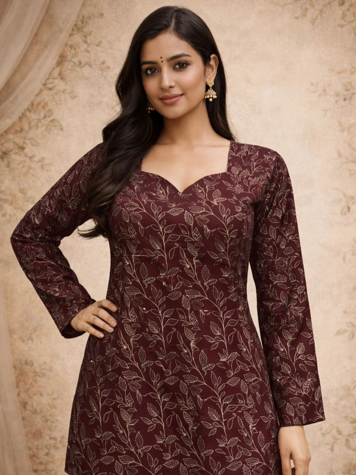 Odette Brown Silk Blend Printed Solid Kurti For Women - Image 5