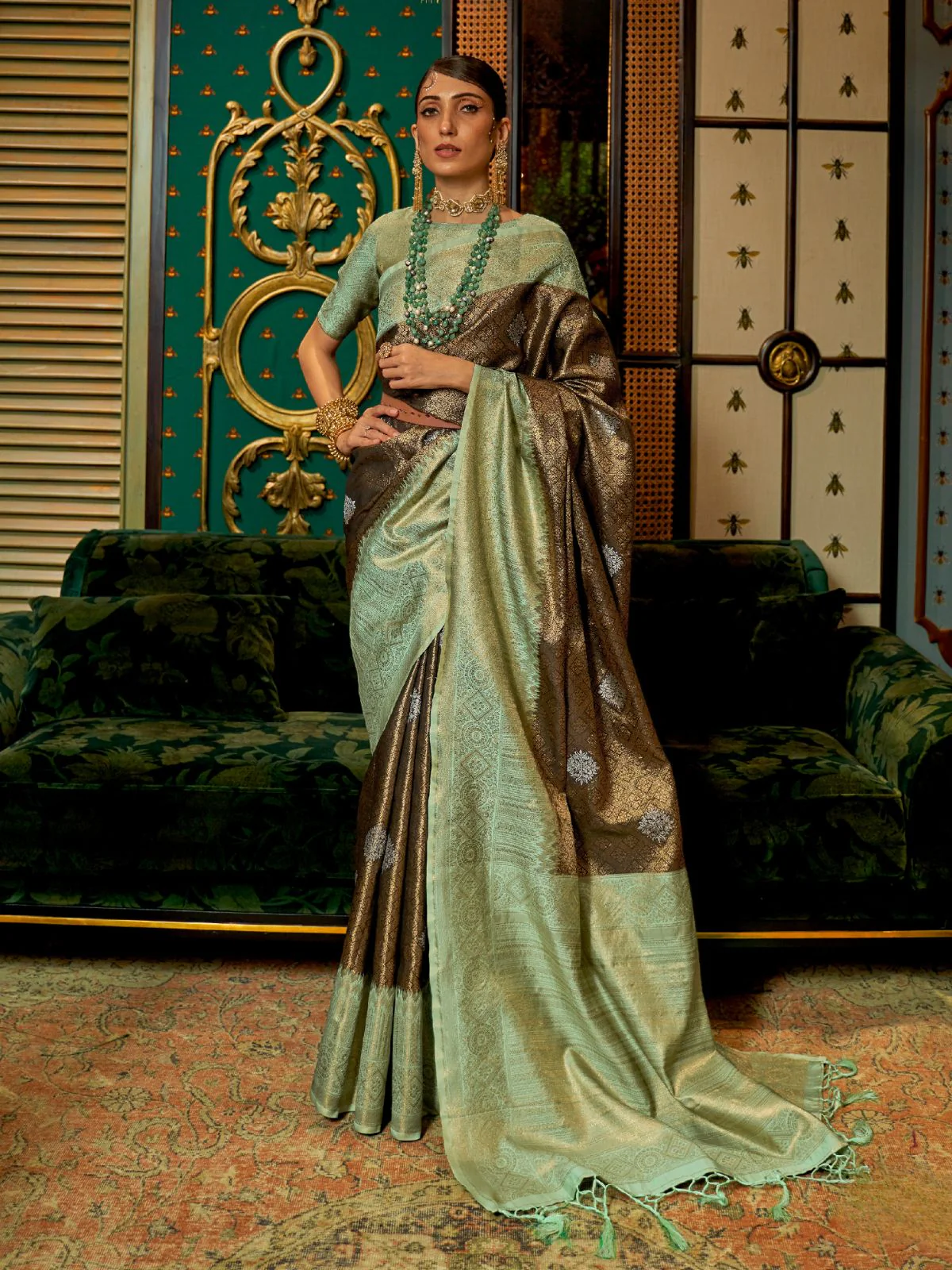 Odette Brown Silk Blend Woven Saree With Unstitched Blouse for Women