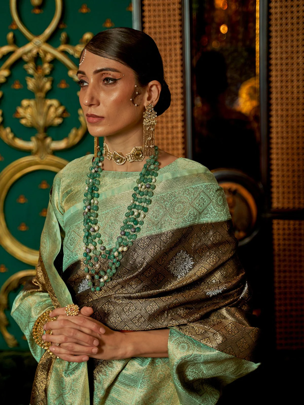 Odette Brown Silk Blend Woven Saree With Unstitched Blouse for Women - Image 2