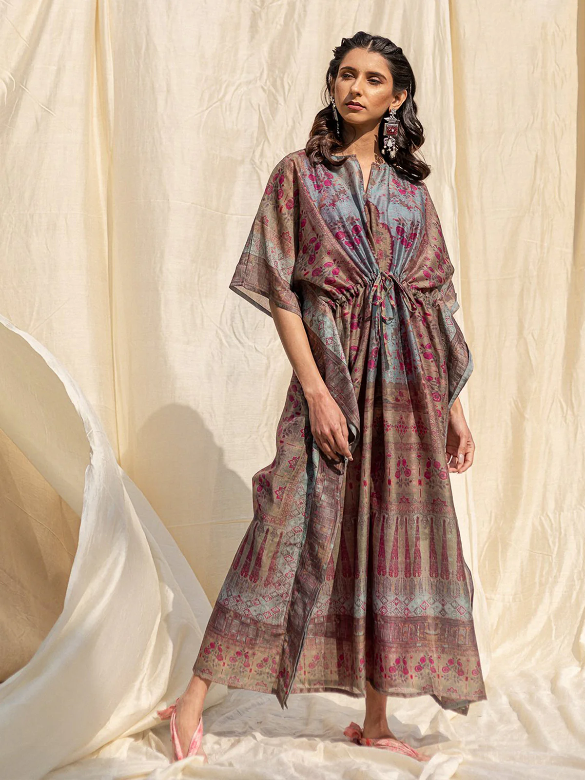 Odette Brown Silk Printed Stitched Indo Western Kaftan For Women - Image 3