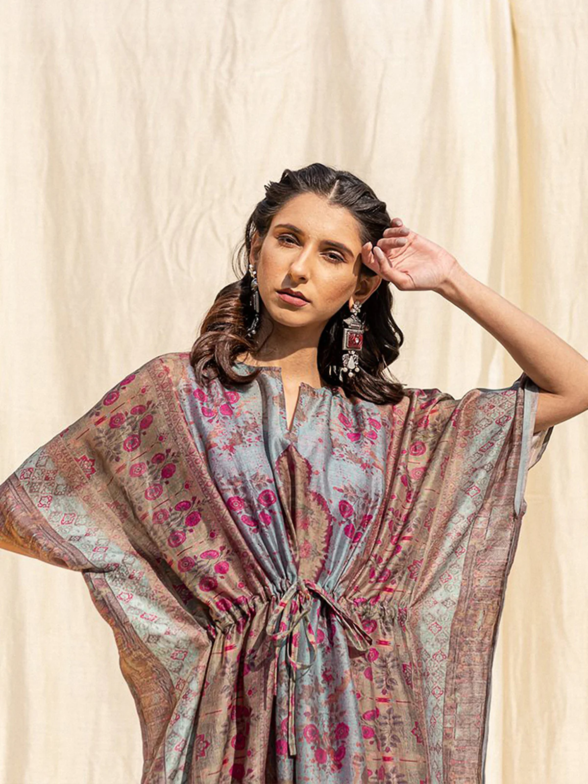 Odette Brown Silk Printed Stitched Indo Western Kaftan For Women - Image 5