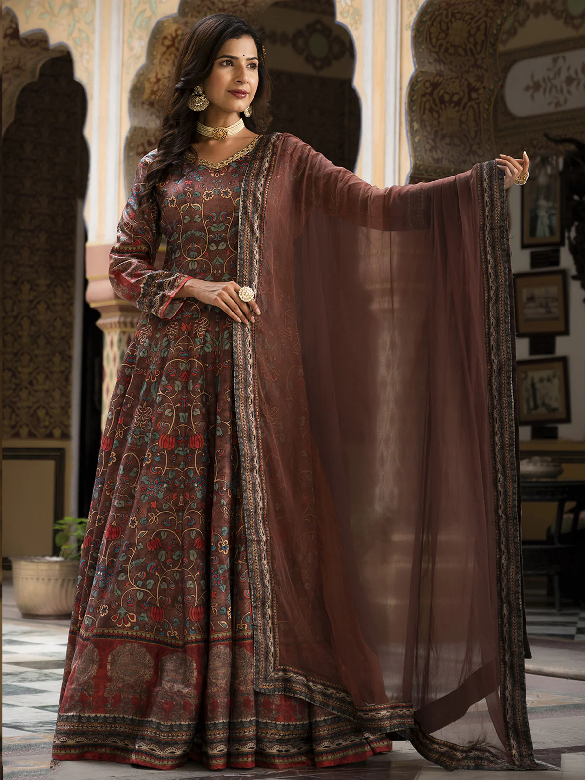 Odette Brown Silk Stitched Gown with Dupatta For Women - Image 3