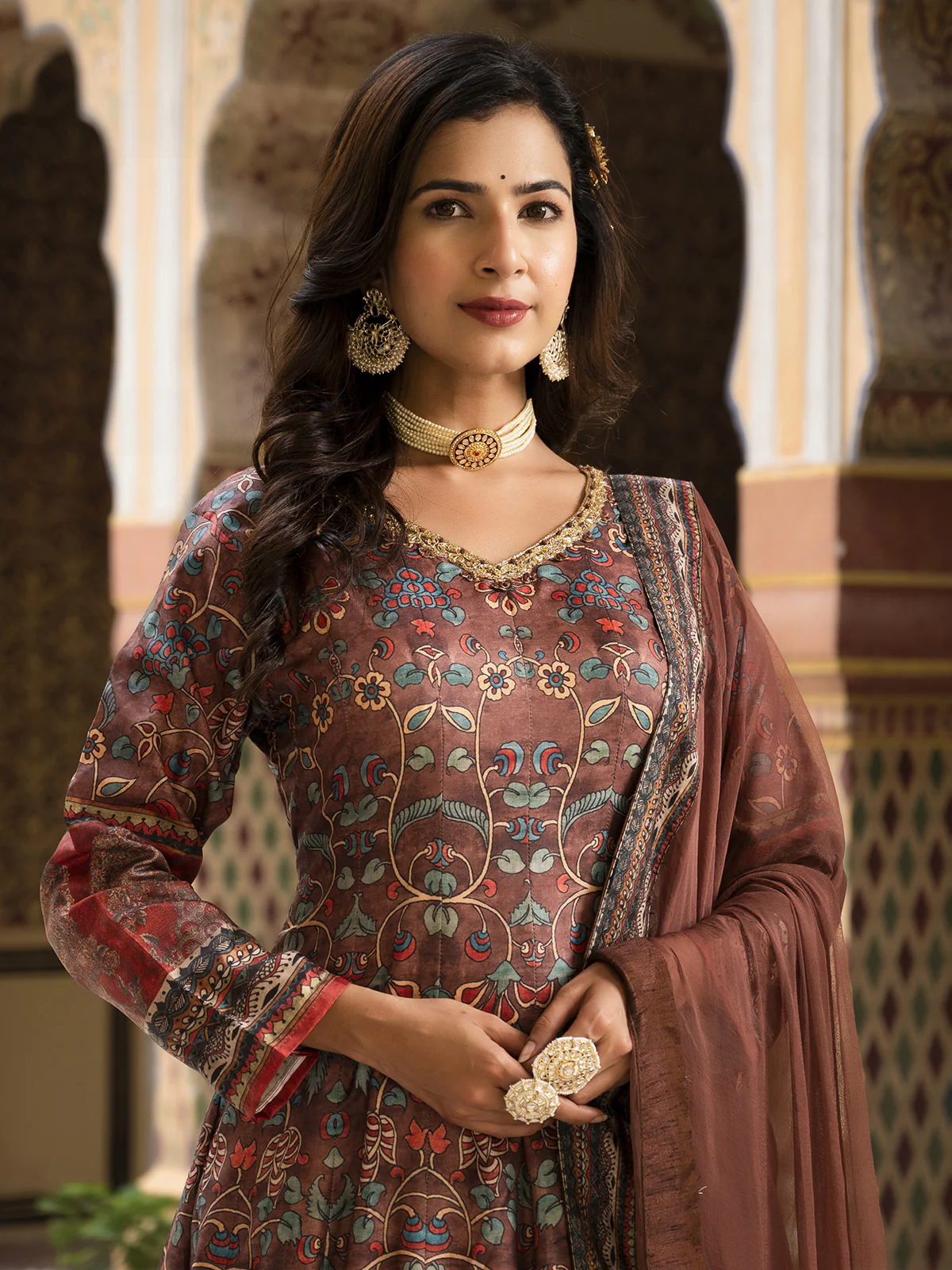 Odette Brown Silk Stitched Gown with Dupatta For Women - Image 5