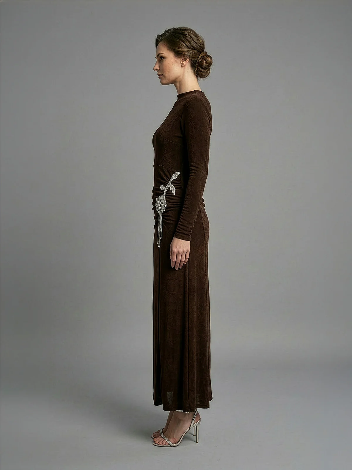 Odette Brown Soft Net Embellished Dresses For Women - Image 2