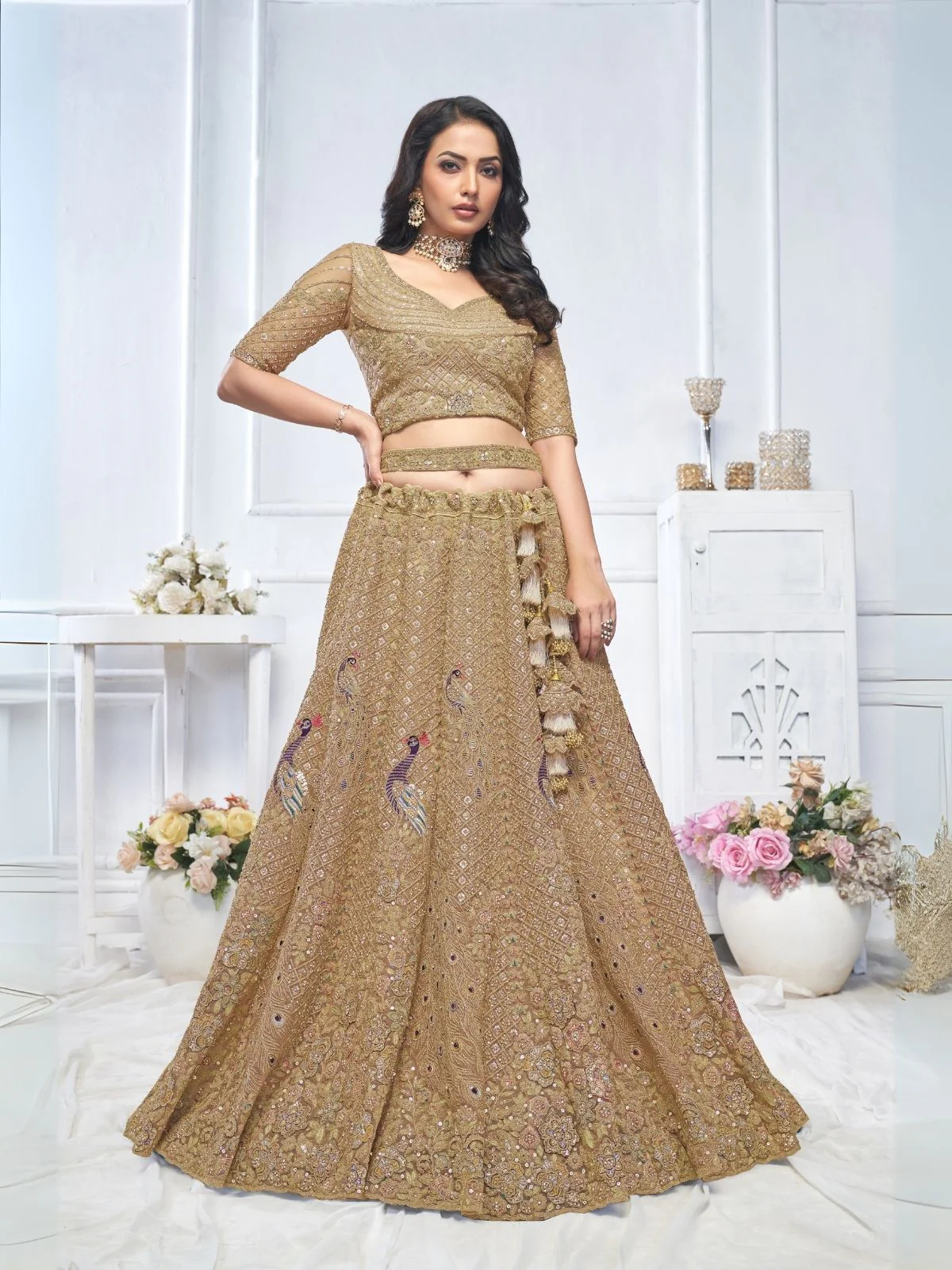 Odette Brown Soft Net Embellished Semi-Stitched Lehenga With Unstitched Blouse For Women - Image 2