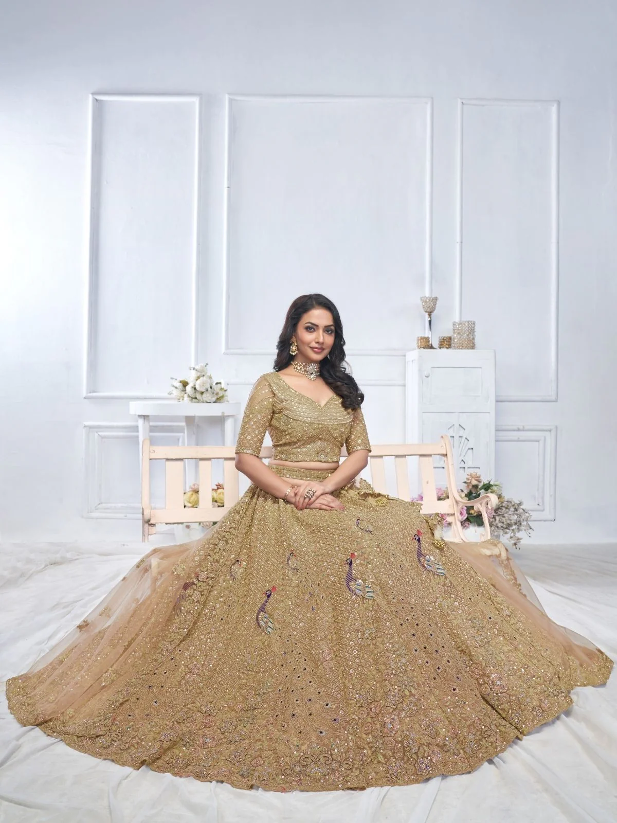Odette Brown Soft Net Embellished Semi-Stitched Lehenga With Unstitched Blouse For Women - Image 3